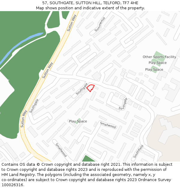 57, SOUTHGATE, SUTTON HILL, TELFORD, TF7 4HE: Location map and indicative extent of plot