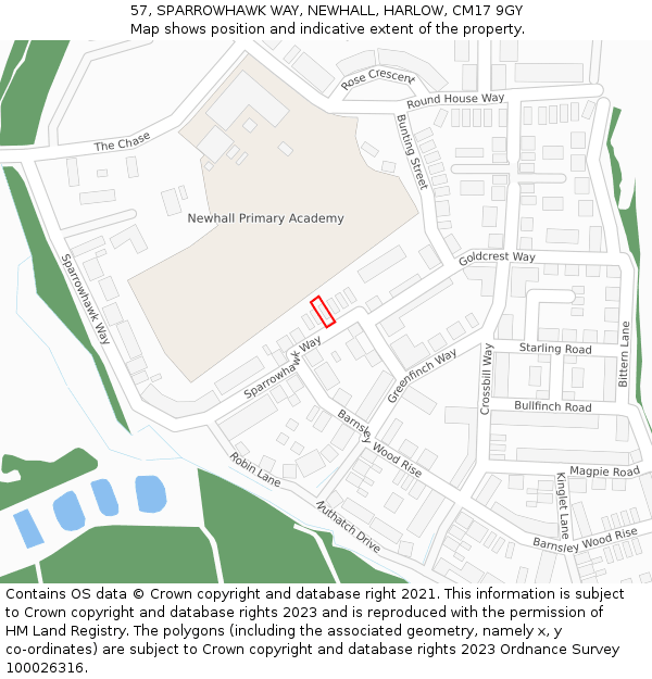 57, SPARROWHAWK WAY, NEWHALL, HARLOW, CM17 9GY: Location map and indicative extent of plot