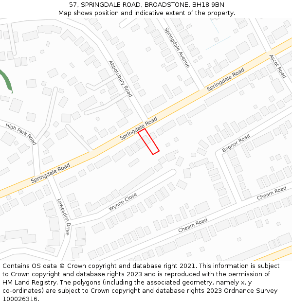 57, SPRINGDALE ROAD, BROADSTONE, BH18 9BN: Location map and indicative extent of plot