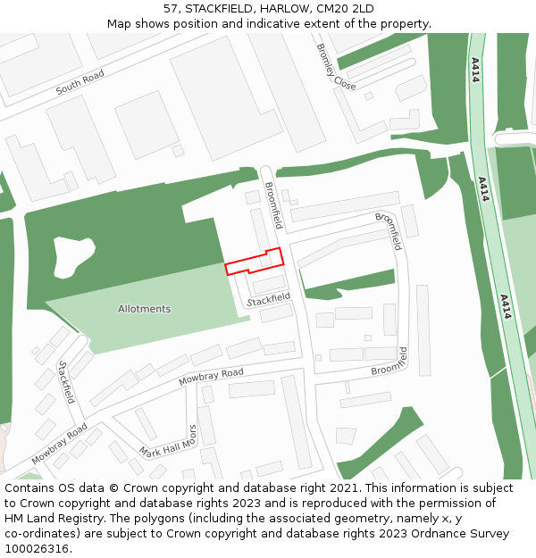 57, STACKFIELD, HARLOW, CM20 2LD: Location map and indicative extent of plot