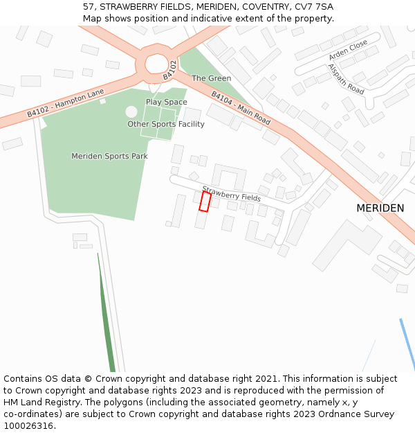57, STRAWBERRY FIELDS, MERIDEN, COVENTRY, CV7 7SA: Location map and indicative extent of plot