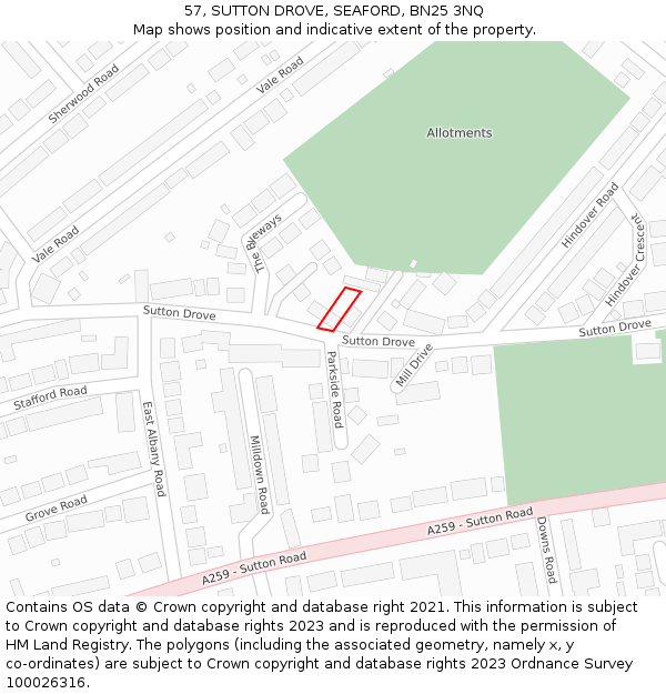 57, SUTTON DROVE, SEAFORD, BN25 3NQ: Location map and indicative extent of plot