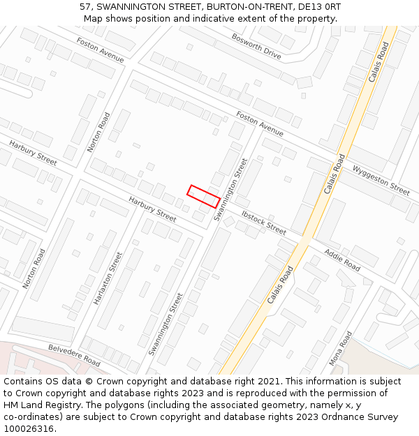 57, SWANNINGTON STREET, BURTON-ON-TRENT, DE13 0RT: Location map and indicative extent of plot