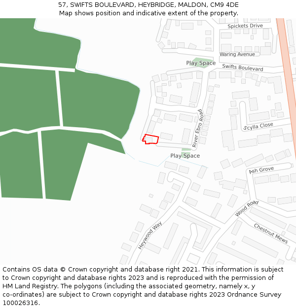 57, SWIFTS BOULEVARD, HEYBRIDGE, MALDON, CM9 4DE: Location map and indicative extent of plot