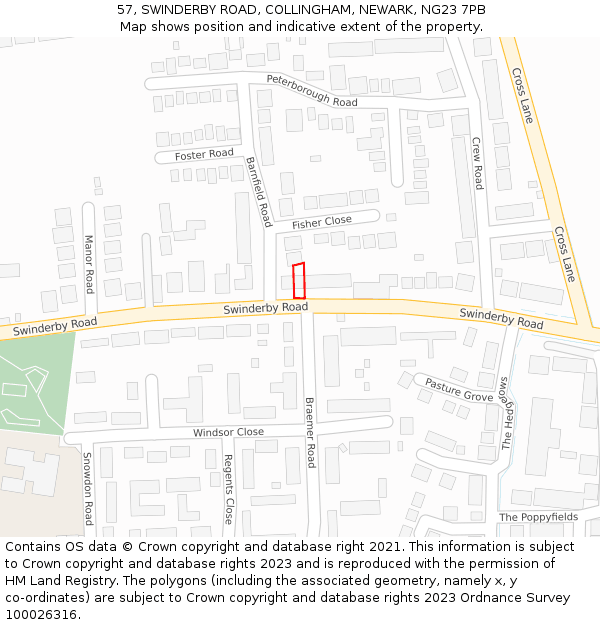 57, SWINDERBY ROAD, COLLINGHAM, NEWARK, NG23 7PB: Location map and indicative extent of plot