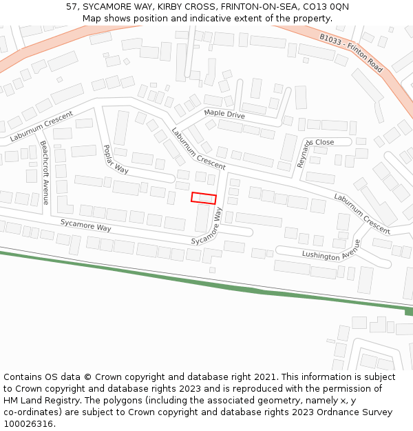 57, SYCAMORE WAY, KIRBY CROSS, FRINTON-ON-SEA, CO13 0QN: Location map and indicative extent of plot