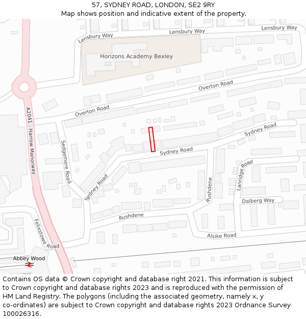 57, SYDNEY ROAD, LONDON, SE2 9RY: Location map and indicative extent of plot