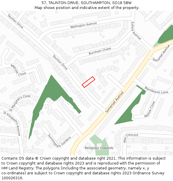 57, TAUNTON DRIVE, SOUTHAMPTON, SO18 5BW: Location map and indicative extent of plot