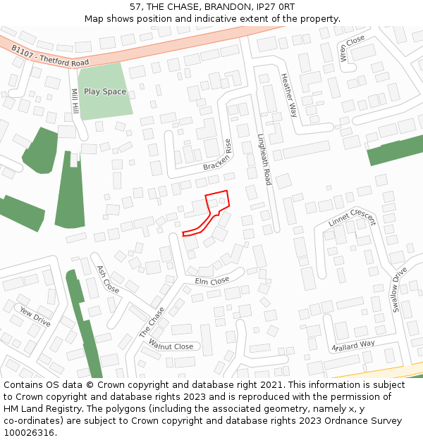 57, THE CHASE, BRANDON, IP27 0RT: Location map and indicative extent of plot