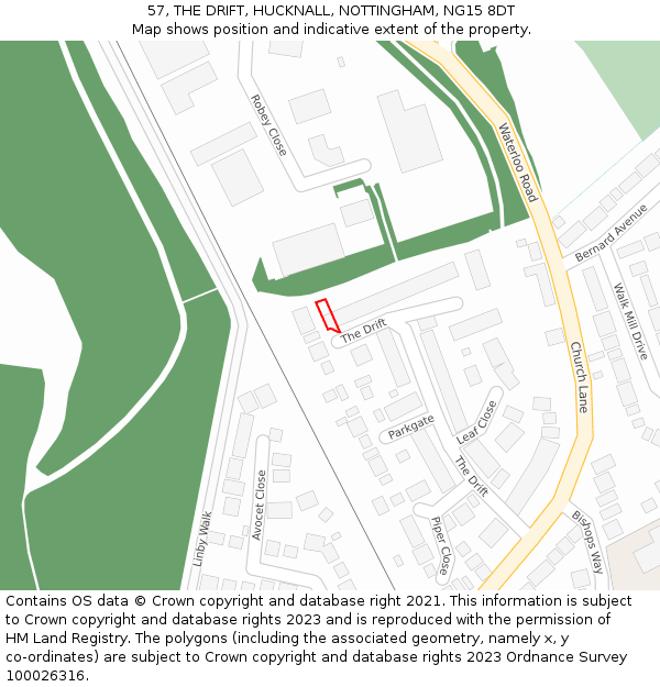 57, THE DRIFT, HUCKNALL, NOTTINGHAM, NG15 8DT: Location map and indicative extent of plot