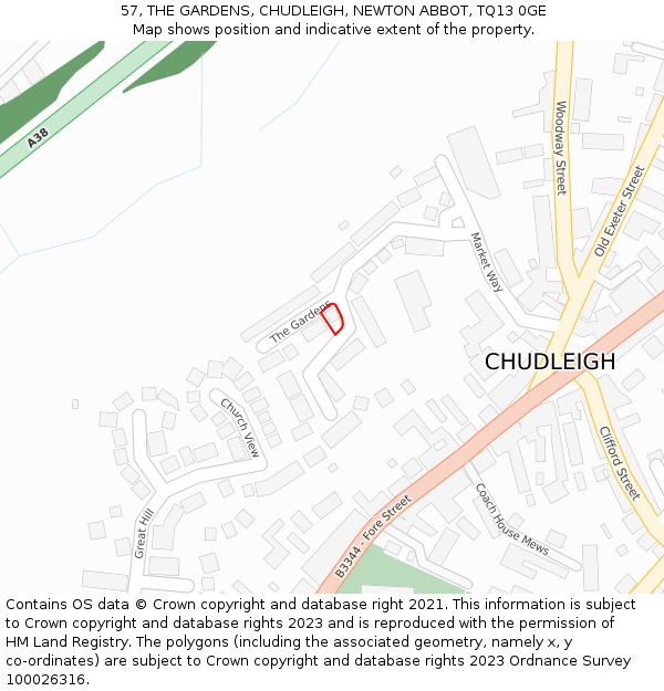 57, THE GARDENS, CHUDLEIGH, NEWTON ABBOT, TQ13 0GE: Location map and indicative extent of plot