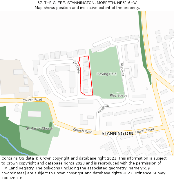 57, THE GLEBE, STANNINGTON, MORPETH, NE61 6HW: Location map and indicative extent of plot
