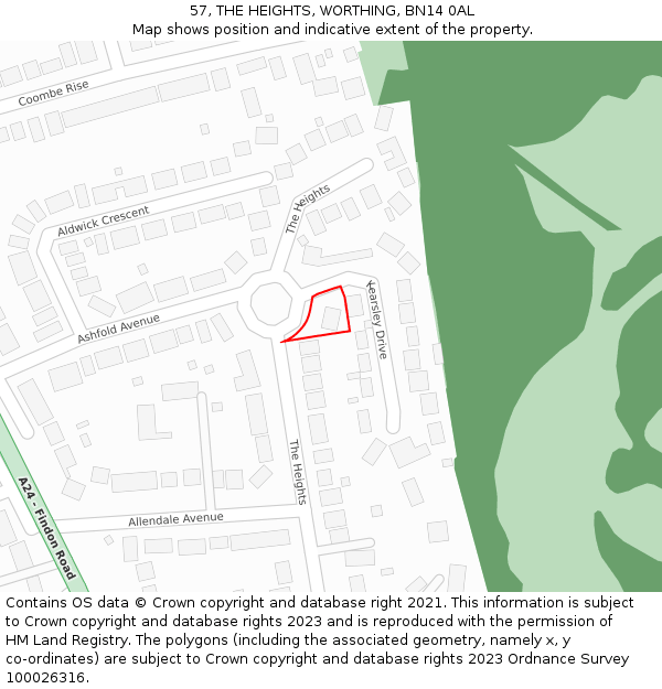 57, THE HEIGHTS, WORTHING, BN14 0AL: Location map and indicative extent of plot