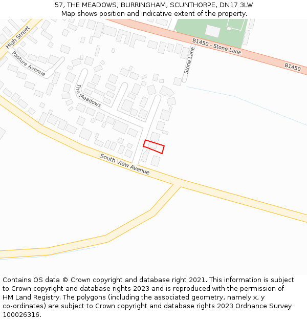 57, THE MEADOWS, BURRINGHAM, SCUNTHORPE, DN17 3LW: Location map and indicative extent of plot