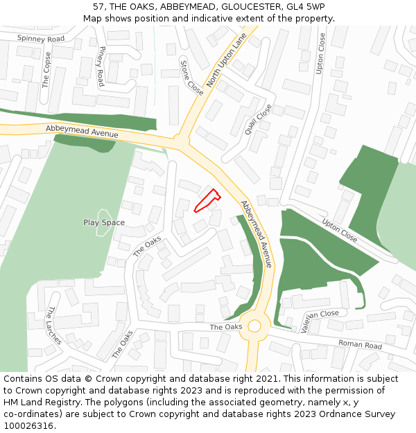 57, THE OAKS, ABBEYMEAD, GLOUCESTER, GL4 5WP: Location map and indicative extent of plot