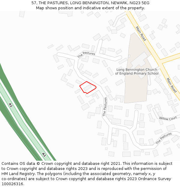 57, THE PASTURES, LONG BENNINGTON, NEWARK, NG23 5EG: Location map and indicative extent of plot