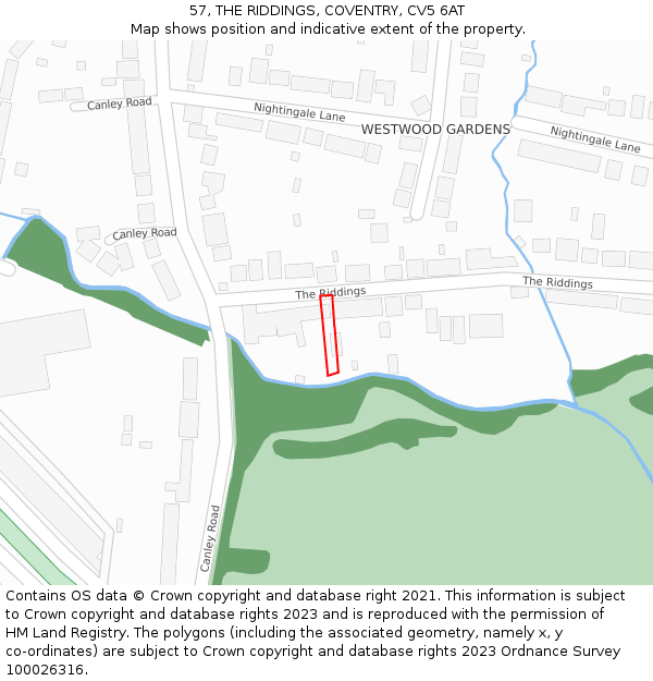 57, THE RIDDINGS, COVENTRY, CV5 6AT: Location map and indicative extent of plot