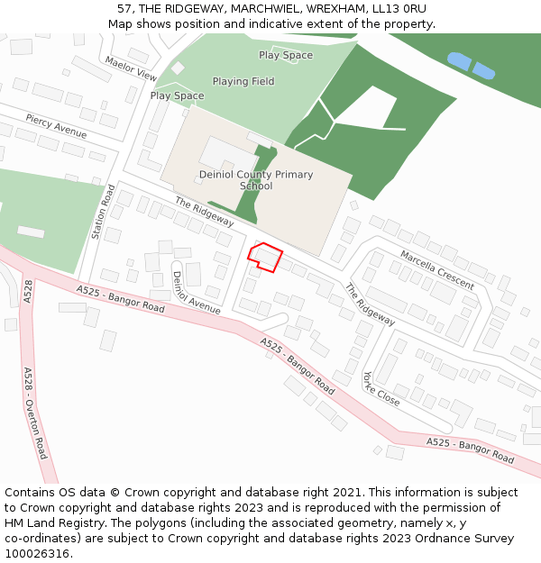 57, THE RIDGEWAY, MARCHWIEL, WREXHAM, LL13 0RU: Location map and indicative extent of plot