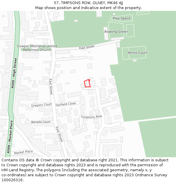 57, TIMPSONS ROW, OLNEY, MK46 4JJ: Location map and indicative extent of plot
