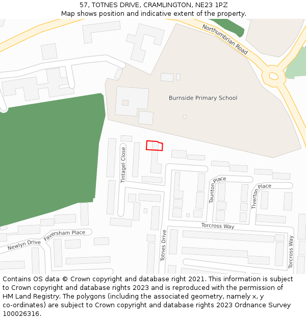 57, TOTNES DRIVE, CRAMLINGTON, NE23 1PZ: Location map and indicative extent of plot