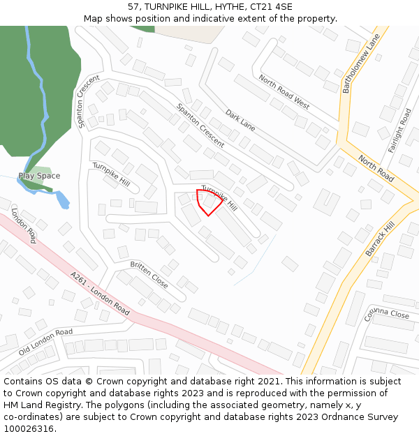 57, TURNPIKE HILL, HYTHE, CT21 4SE: Location map and indicative extent of plot