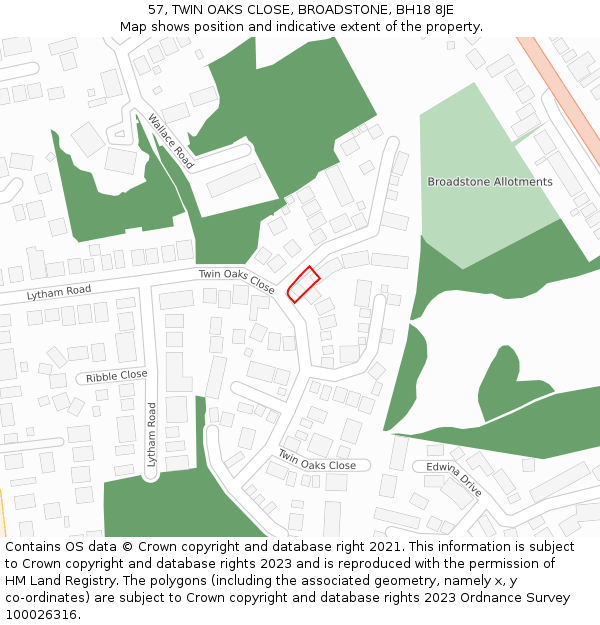 57, TWIN OAKS CLOSE, BROADSTONE, BH18 8JE: Location map and indicative extent of plot