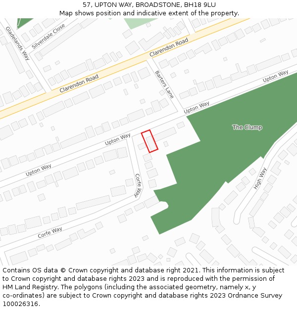 57, UPTON WAY, BROADSTONE, BH18 9LU: Location map and indicative extent of plot