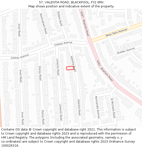 57, VALENTIA ROAD, BLACKPOOL, FY2 0RN: Location map and indicative extent of plot