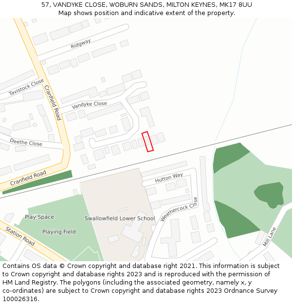 57, VANDYKE CLOSE, WOBURN SANDS, MILTON KEYNES, MK17 8UU: Location map and indicative extent of plot
