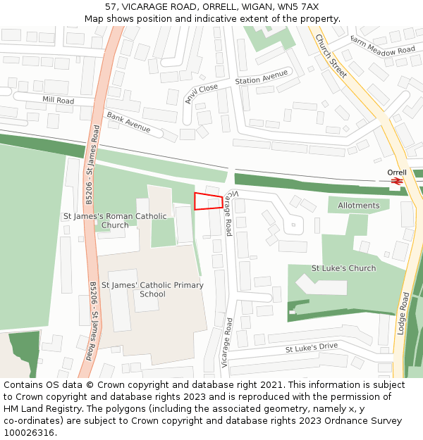 57, VICARAGE ROAD, ORRELL, WIGAN, WN5 7AX: Location map and indicative extent of plot