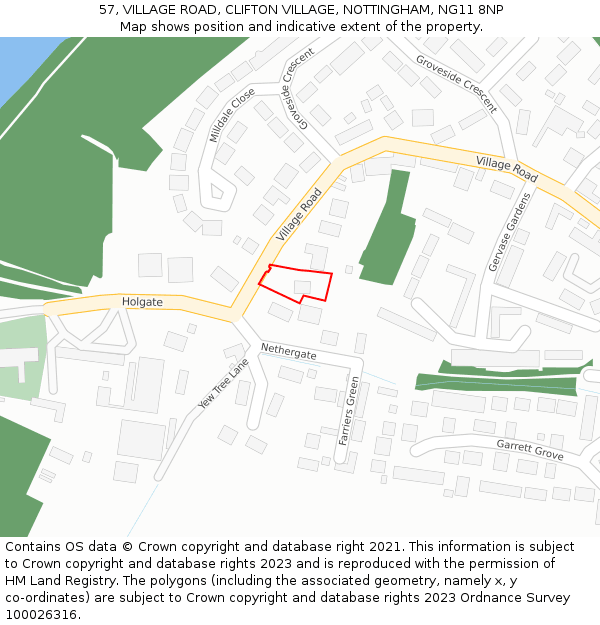 57, VILLAGE ROAD, CLIFTON VILLAGE, NOTTINGHAM, NG11 8NP: Location map and indicative extent of plot