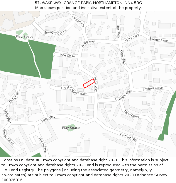 57, WAKE WAY, GRANGE PARK, NORTHAMPTON, NN4 5BG: Location map and indicative extent of plot