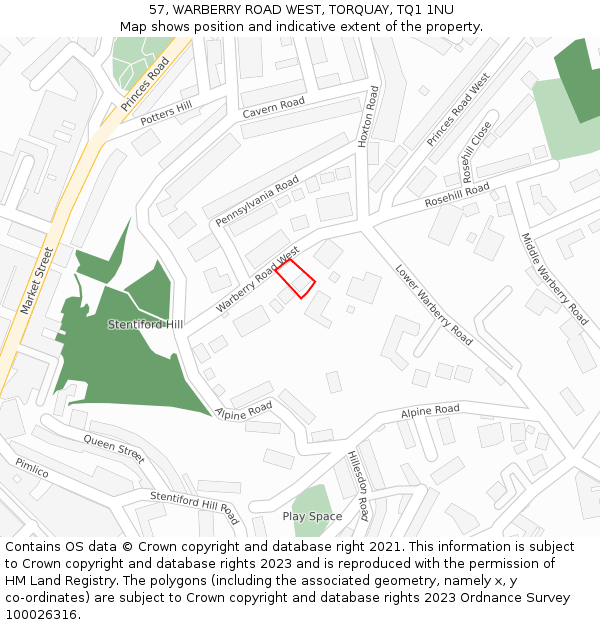 57, WARBERRY ROAD WEST, TORQUAY, TQ1 1NU: Location map and indicative extent of plot