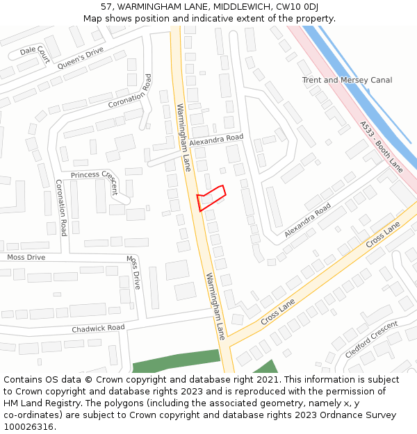 57, WARMINGHAM LANE, MIDDLEWICH, CW10 0DJ: Location map and indicative extent of plot