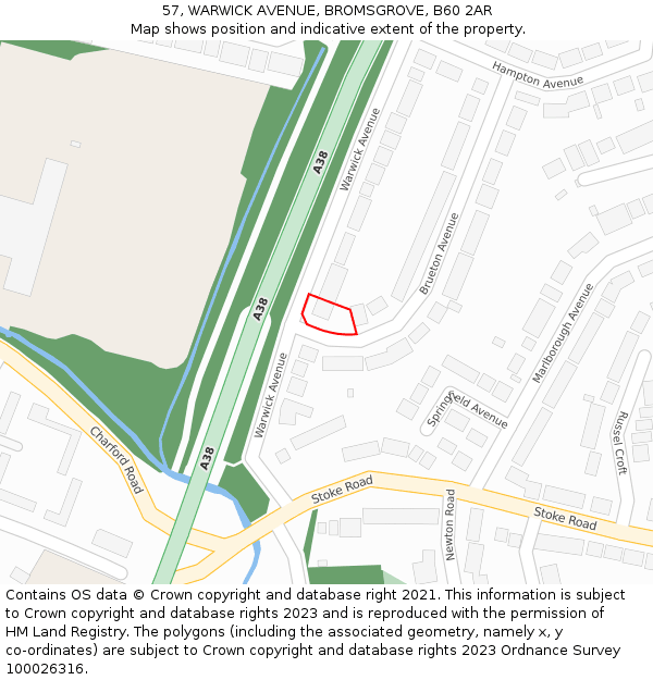 57, WARWICK AVENUE, BROMSGROVE, B60 2AR: Location map and indicative extent of plot