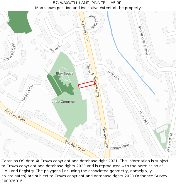 57, WAXWELL LANE, PINNER, HA5 3EL: Location map and indicative extent of plot