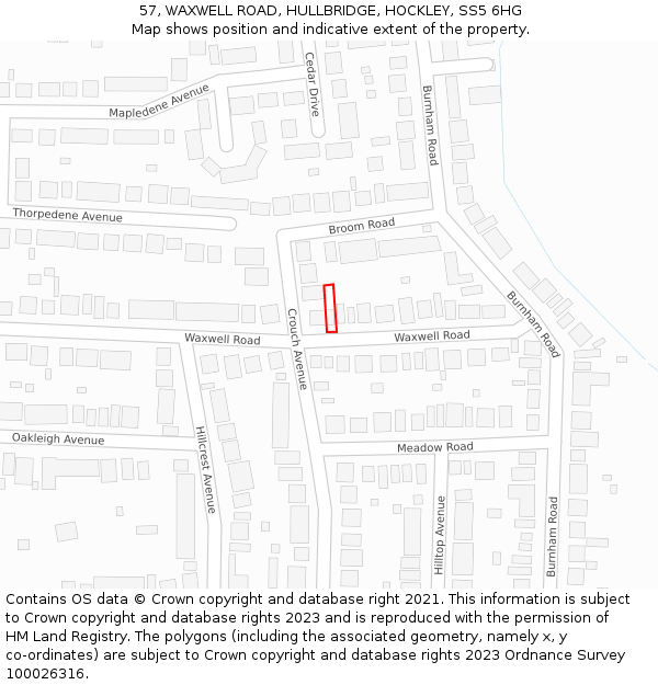 57, WAXWELL ROAD, HULLBRIDGE, HOCKLEY, SS5 6HG: Location map and indicative extent of plot