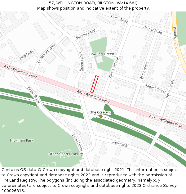 57, WELLINGTON ROAD, BILSTON, WV14 6AQ: Location map and indicative extent of plot