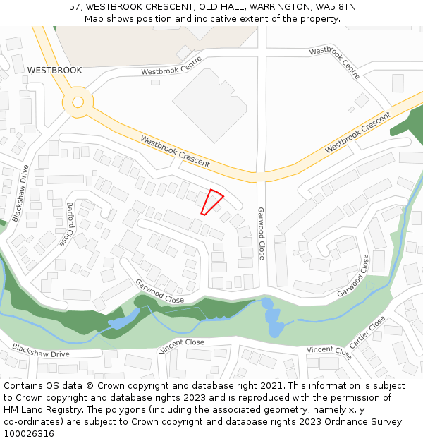 57, WESTBROOK CRESCENT, OLD HALL, WARRINGTON, WA5 8TN: Location map and indicative extent of plot