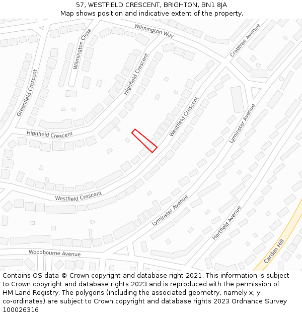 57, WESTFIELD CRESCENT, BRIGHTON, BN1 8JA: Location map and indicative extent of plot