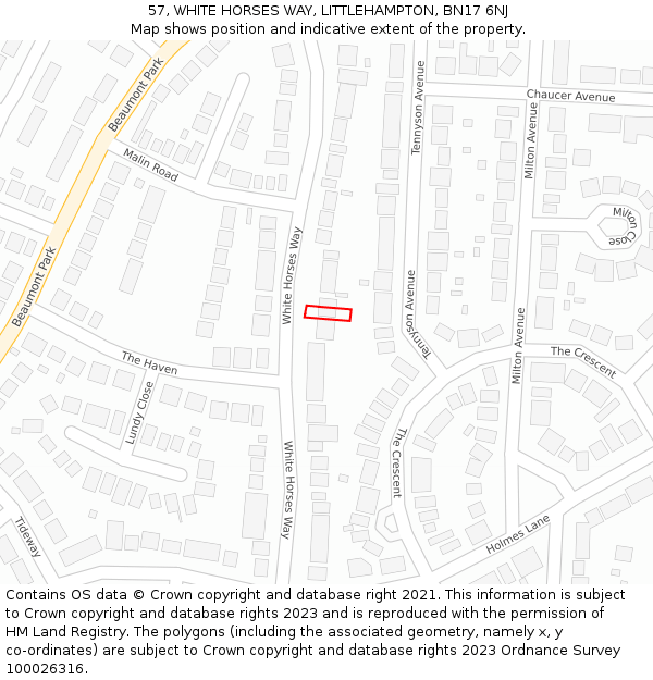 57, WHITE HORSES WAY, LITTLEHAMPTON, BN17 6NJ: Location map and indicative extent of plot