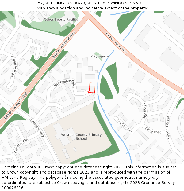 57, WHITTINGTON ROAD, WESTLEA, SWINDON, SN5 7DF: Location map and indicative extent of plot