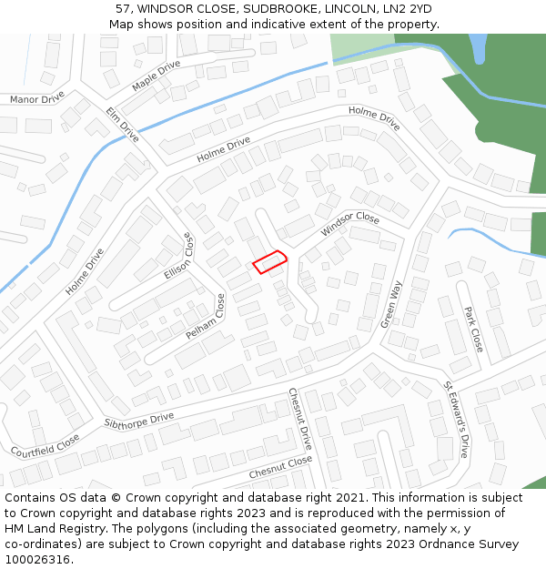 57, WINDSOR CLOSE, SUDBROOKE, LINCOLN, LN2 2YD: Location map and indicative extent of plot