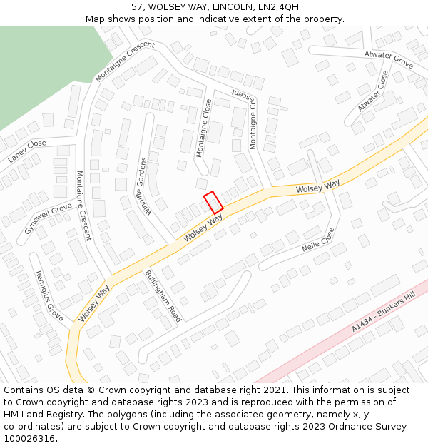 57, WOLSEY WAY, LINCOLN, LN2 4QH: Location map and indicative extent of plot
