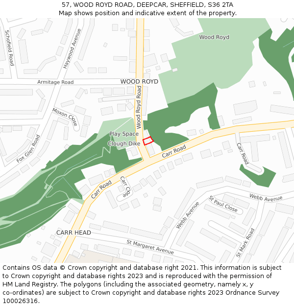 57, WOOD ROYD ROAD, DEEPCAR, SHEFFIELD, S36 2TA: Location map and indicative extent of plot