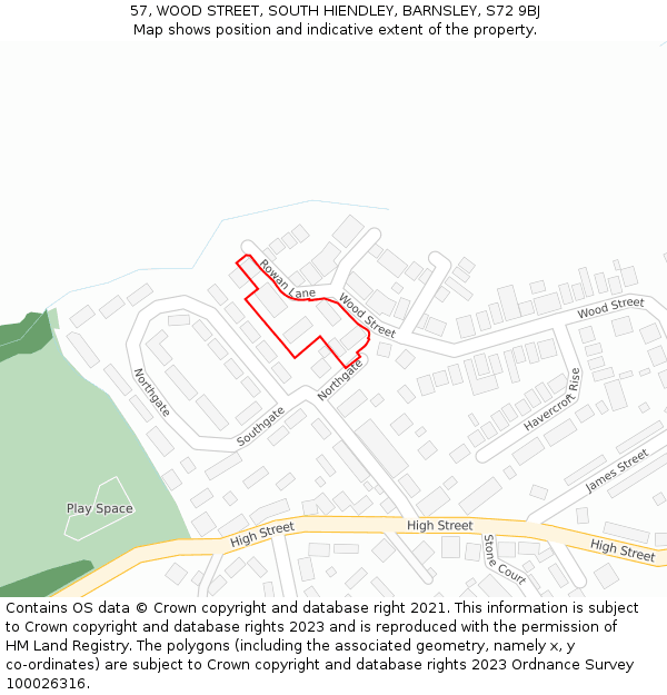 57, WOOD STREET, SOUTH HIENDLEY, BARNSLEY, S72 9BJ: Location map and indicative extent of plot