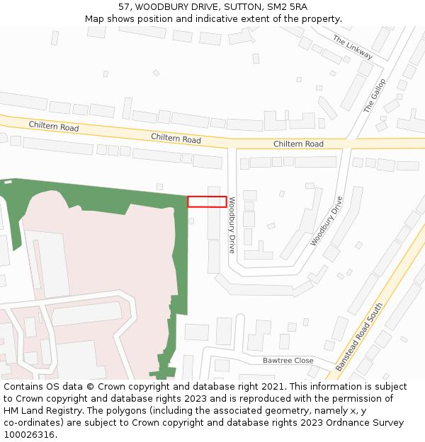 57, WOODBURY DRIVE, SUTTON, SM2 5RA: Location map and indicative extent of plot