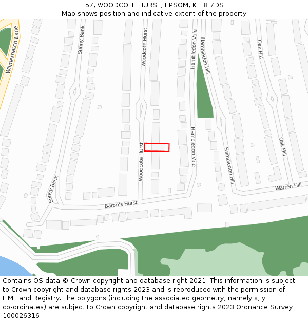 57, WOODCOTE HURST, EPSOM, KT18 7DS: Location map and indicative extent of plot