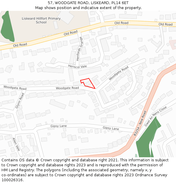 57, WOODGATE ROAD, LISKEARD, PL14 6ET: Location map and indicative extent of plot