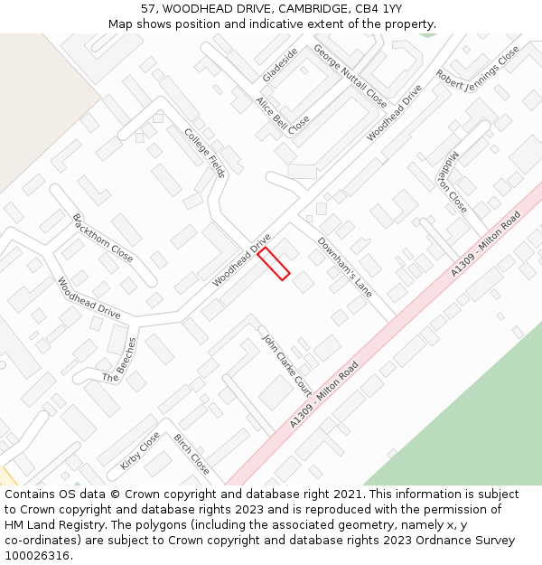 57, WOODHEAD DRIVE, CAMBRIDGE, CB4 1YY: Location map and indicative extent of plot